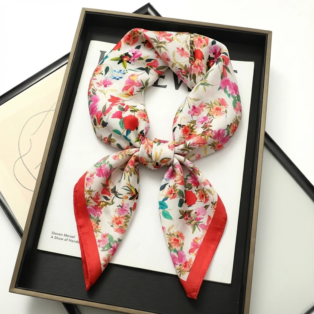 

Роскошный квадратный шелковый платок для женщин с цветочным принтом, мягкая атласная бандана, шейный платок, головной платок, женская повязка на голову, фулярд, лента для сумки