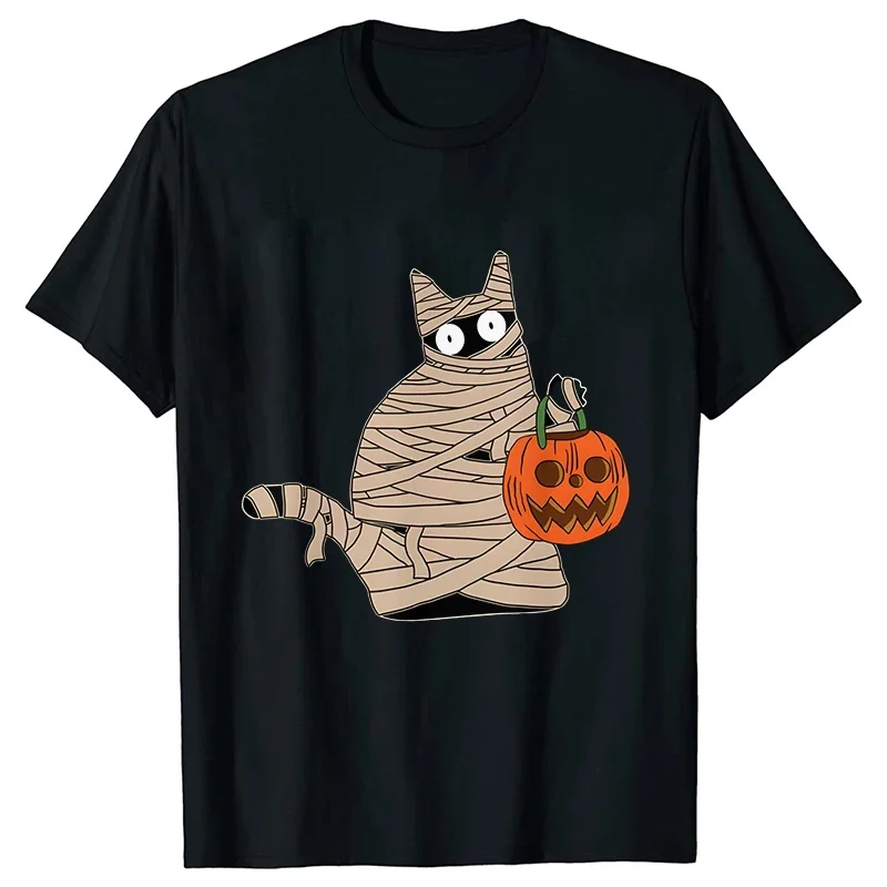 Women T-Shirt Halloween Mummy Cat Funny Pumpkin Graphic Y2k Tops Short Sleeve Tees Ulzzang Blouses Harajuku Female Clothing