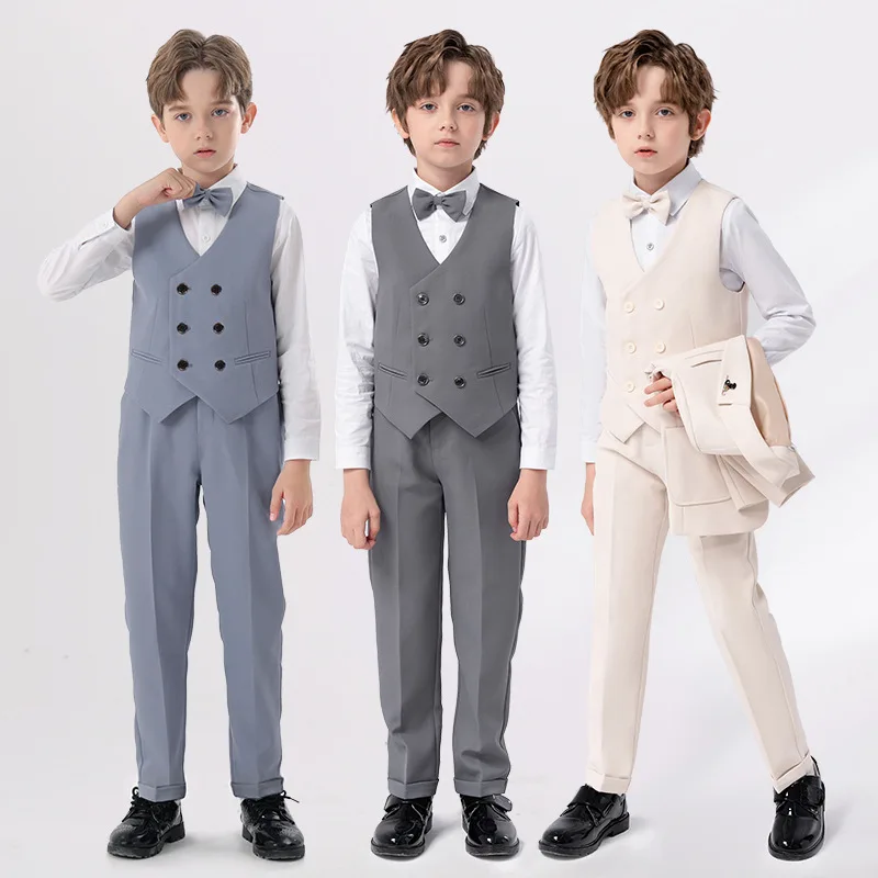 Boys Summer Vest Suit For Wedding Teenager Kids WaistCoat Shirt Pants Bowtie Tuxedo Dress Children Photograph Party Costume