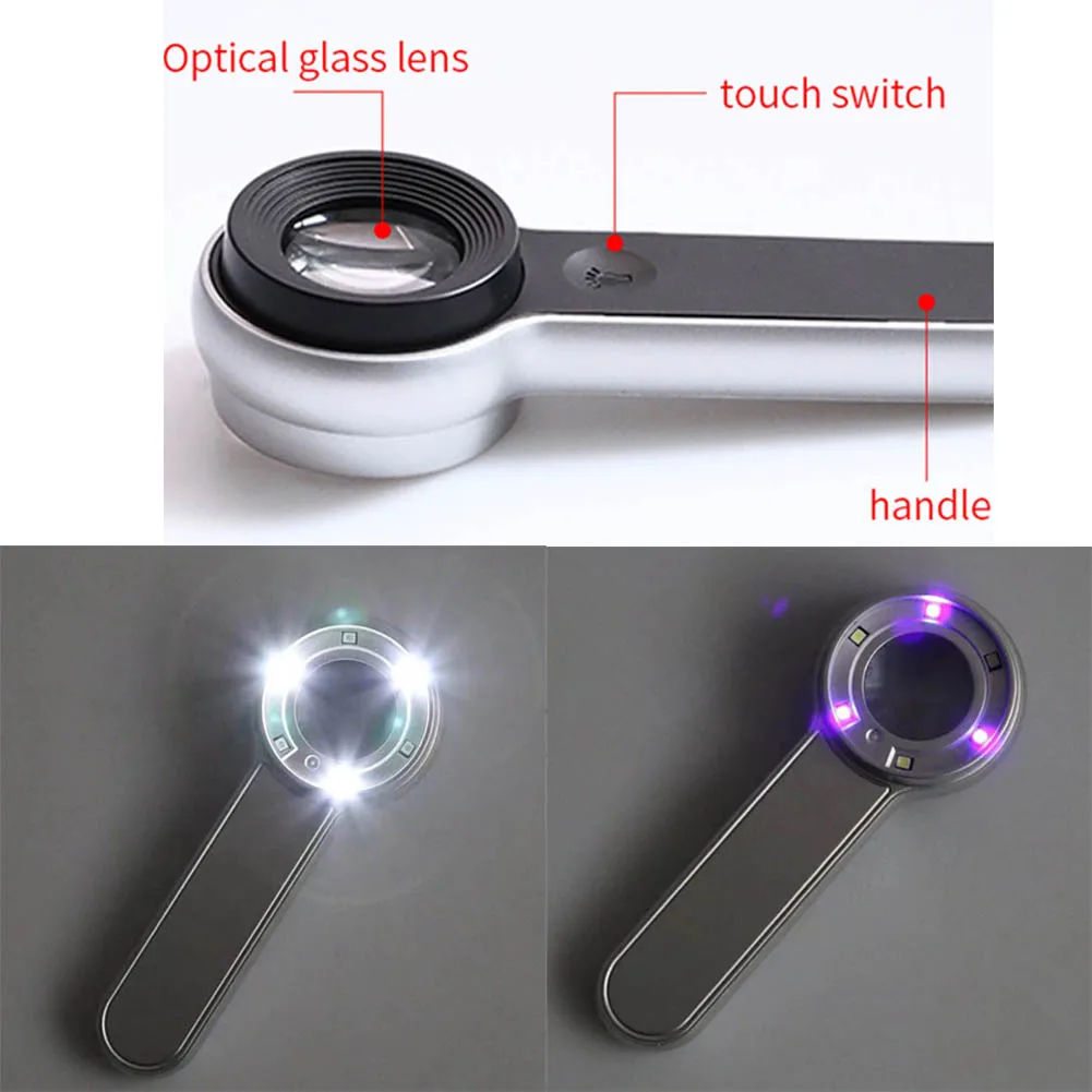 60X Handheld Magnifying Glass USB C Rechargeable 6 LED light Reading 30mm Lens High Magnification circuits jewellery Jade