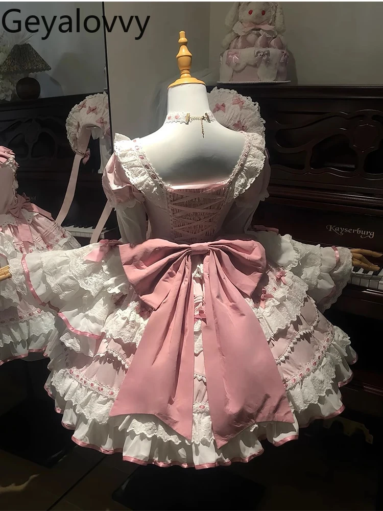 Różowa Lolita Elegancka Urocza Koronkowa Sukienka Księżniczki z Falbankami na Rękawach Japońska Nowa Sukienka na Urodziny z Wysokim Stanem Wyszczuplająca Kokarda