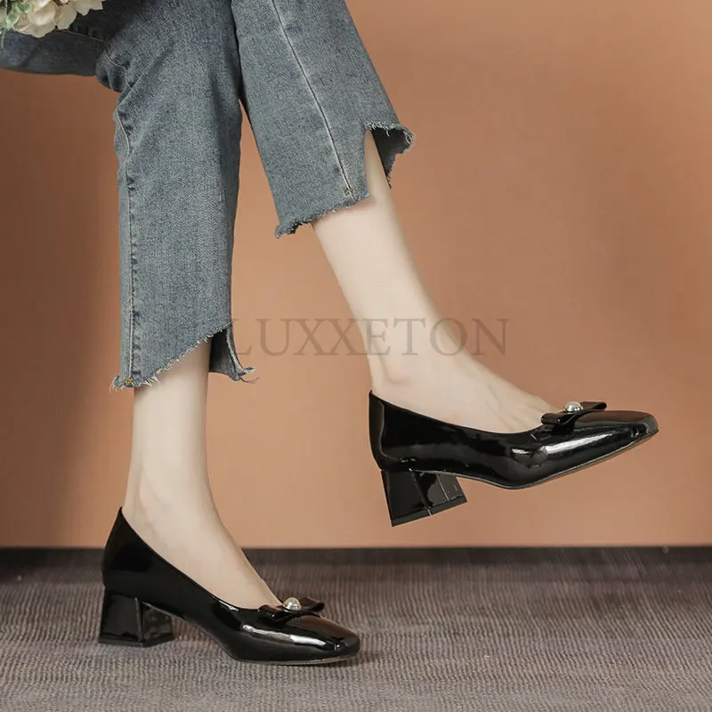 Women Genuine Cow Leather Butterfly-Knot Pumps Shoes Office Lady Square Toe Slip on Casual Shoes Woman Shoes Size 34-43