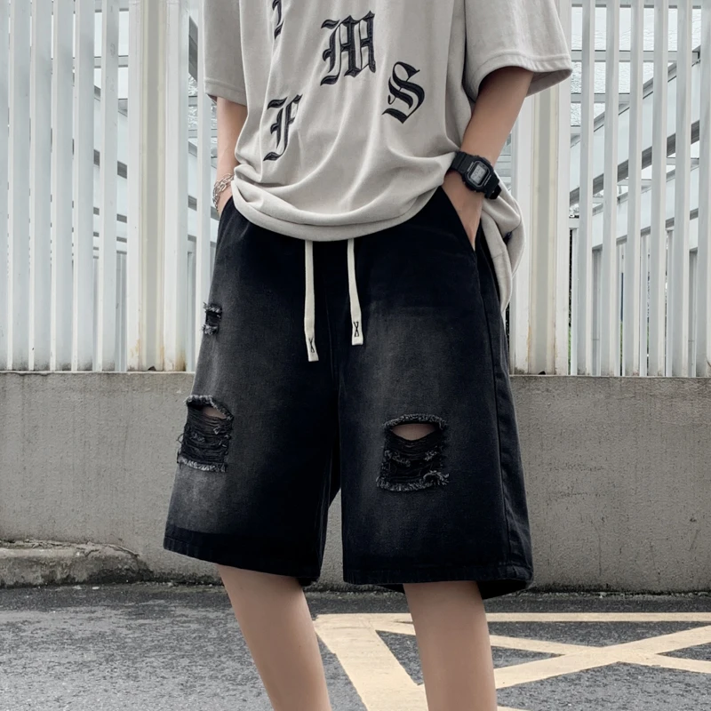 Black Washed Hole Denim Shorts Men's Design Summer Poor Five-Point American High Street Middle Pants Casual Loose Straight Leg