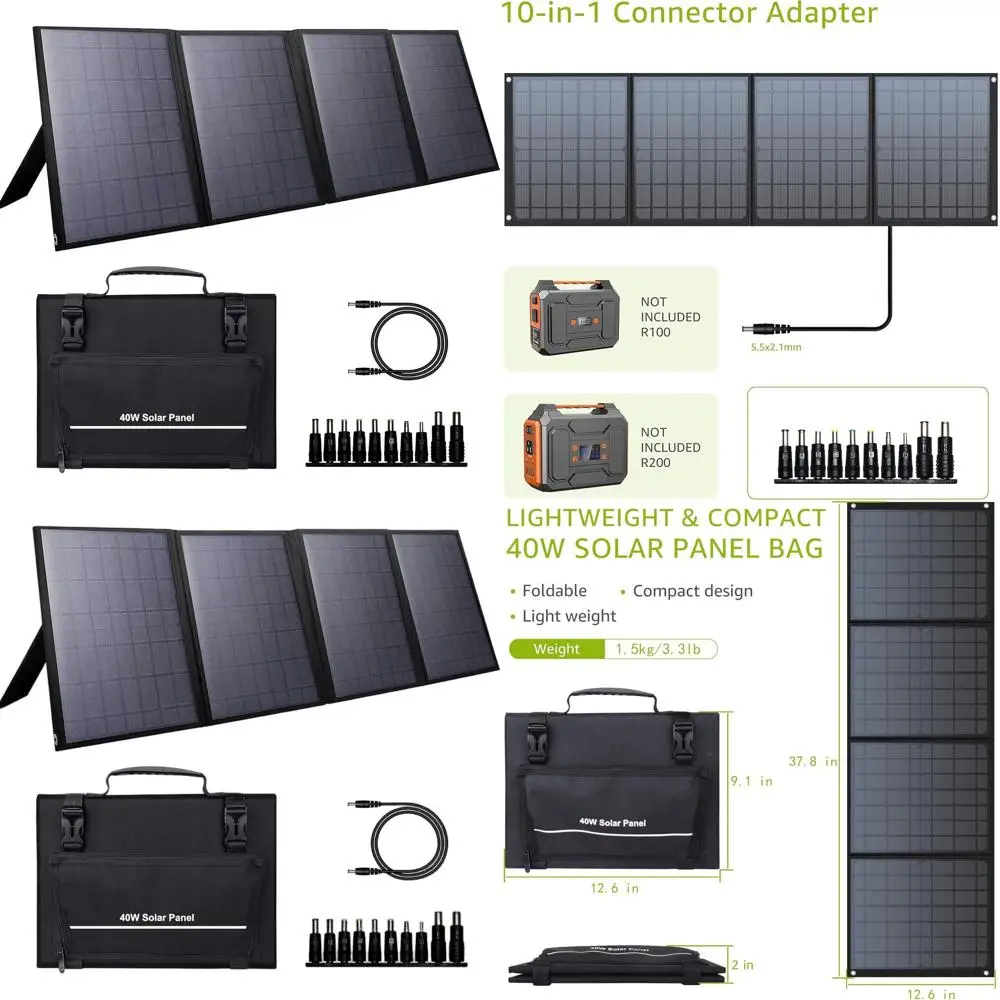 

40W Portable Solar Panel, Foldable for Outdoor Power, 10-in-1 Connector Kit, USB QC3.0, Ideal for Camping and Road Trips