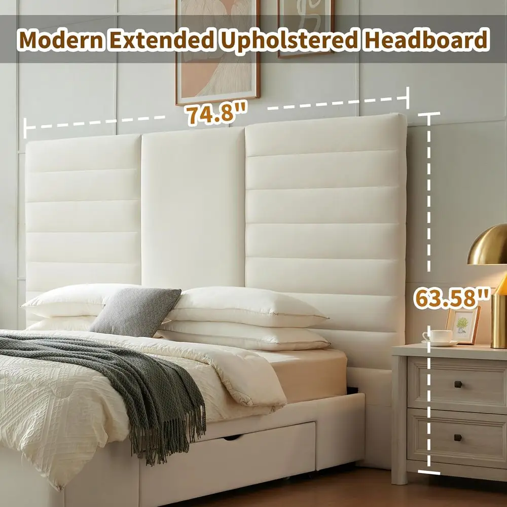 โครงเตียงแพลตฟอร์มกำมะหยี่สีครีมพร้อมลิ้นชักเก็บของและแผ่นไม้ ไม่ต้องใช้สปริงกล่อง ประกอบง่าย