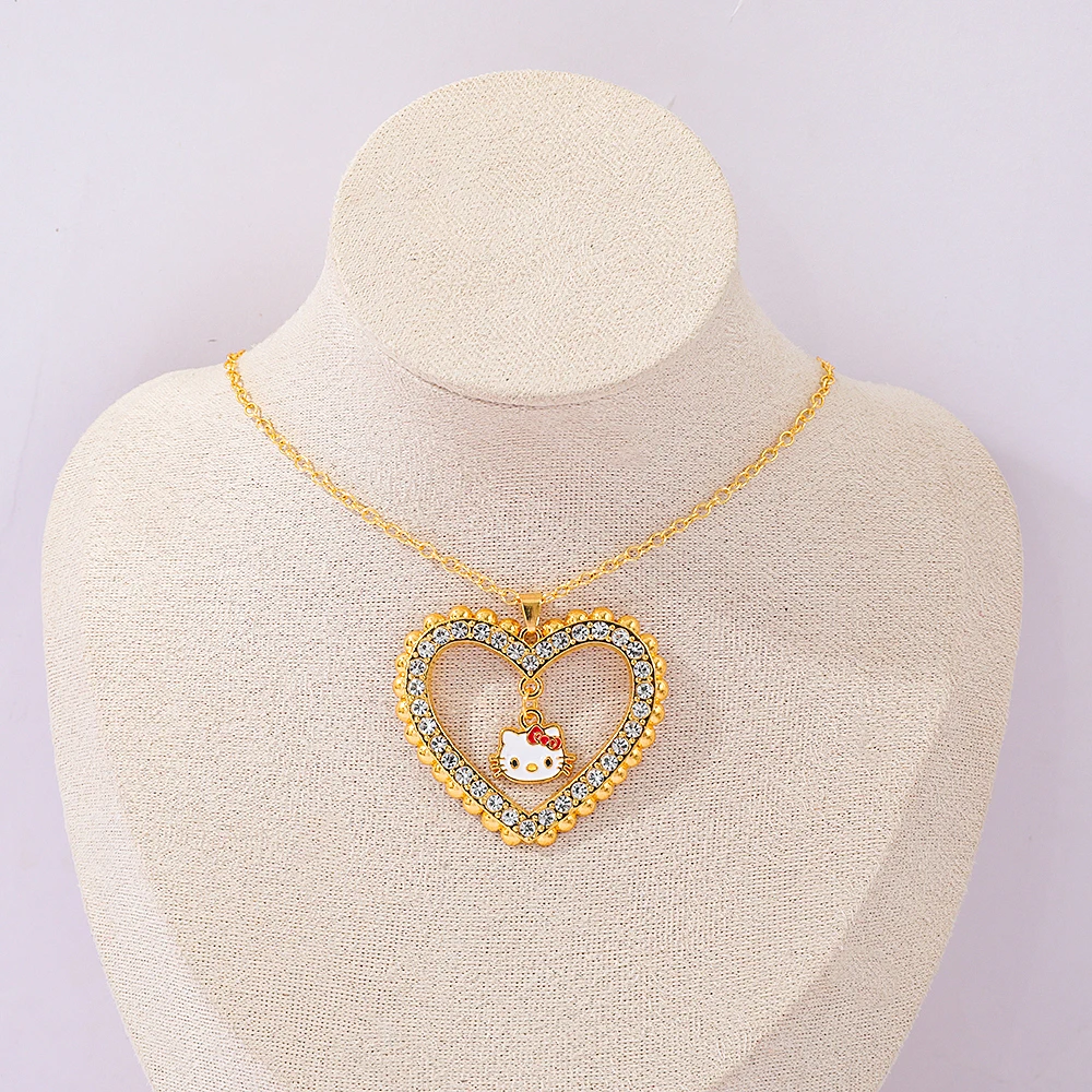 Sanrio Hello Kitty Kalung Liontin Berlian Imitasi Berbentuk Hati Berongga y2k Aksesori Mainan Wanita Hadiah Modis