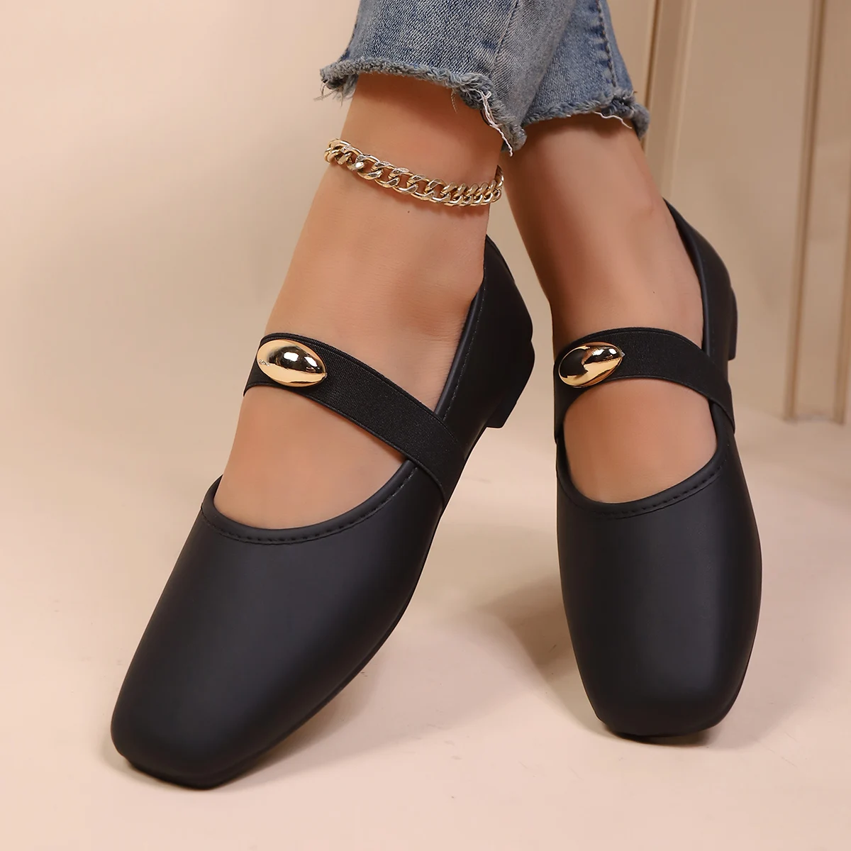 

Minimalist Solid Color Mary Jane Flat Shoes Ladies Single Strap Gold Oval Hardware Comfort Walking Shoes For Dating Wedding Work