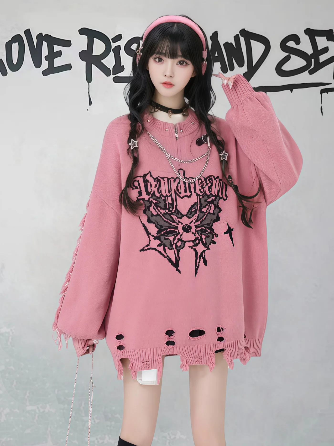 

Loose Women's Hole Knitwear Pink Large Size Lazy Autumn Winter Street Sle Faion Casual Long Sve round Ne Top