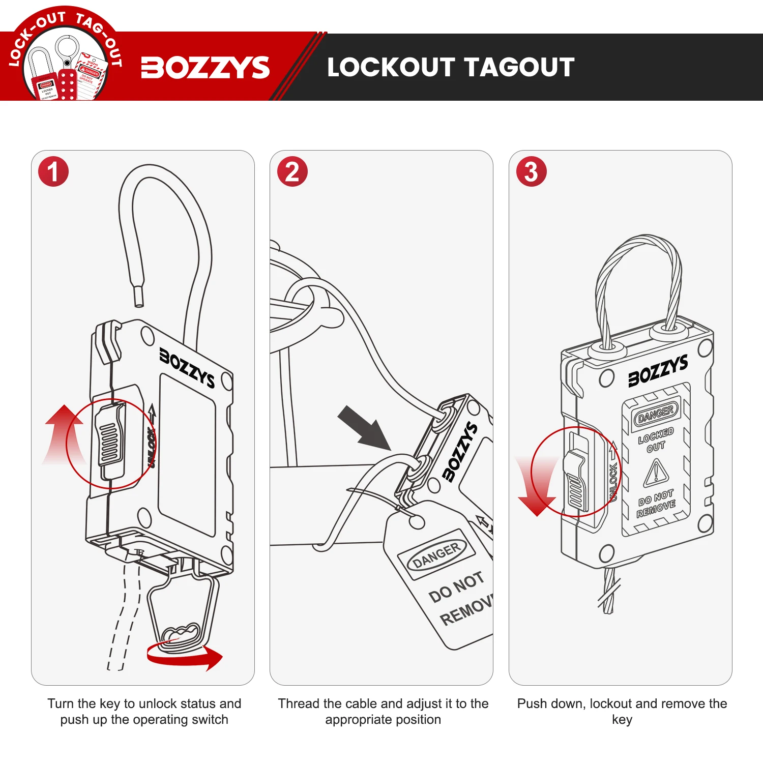 Регулируемый тросовый замок BOZZYS Lockout Tagout с кабелем диаметром 4 мм для предупреждения и капитального оборудования промышленного оборудования