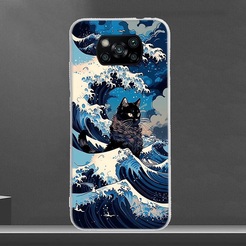 Anime Cat Sea Wave Aesthetic Phone Case For Xiaomi Poco X3 Nfc X5 X6 Pro F6 F5 F4 F3 F2 F1 X4 GT M5 M5S M4 M3 Luxury Soft Coque 