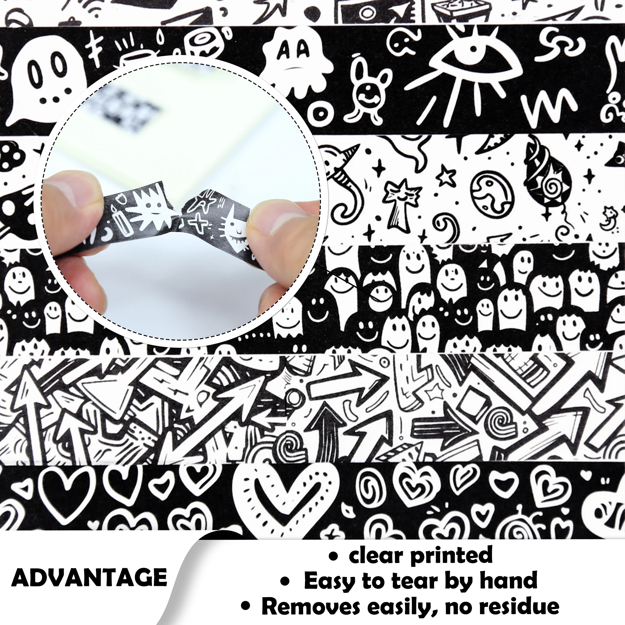 NIKOMIE Preto e Branco Washi Tape Set, Fita Decorativa Graffiti, Fita Adesiva Doodle para Journaling Supplies, 6 Design, 12 Rolos