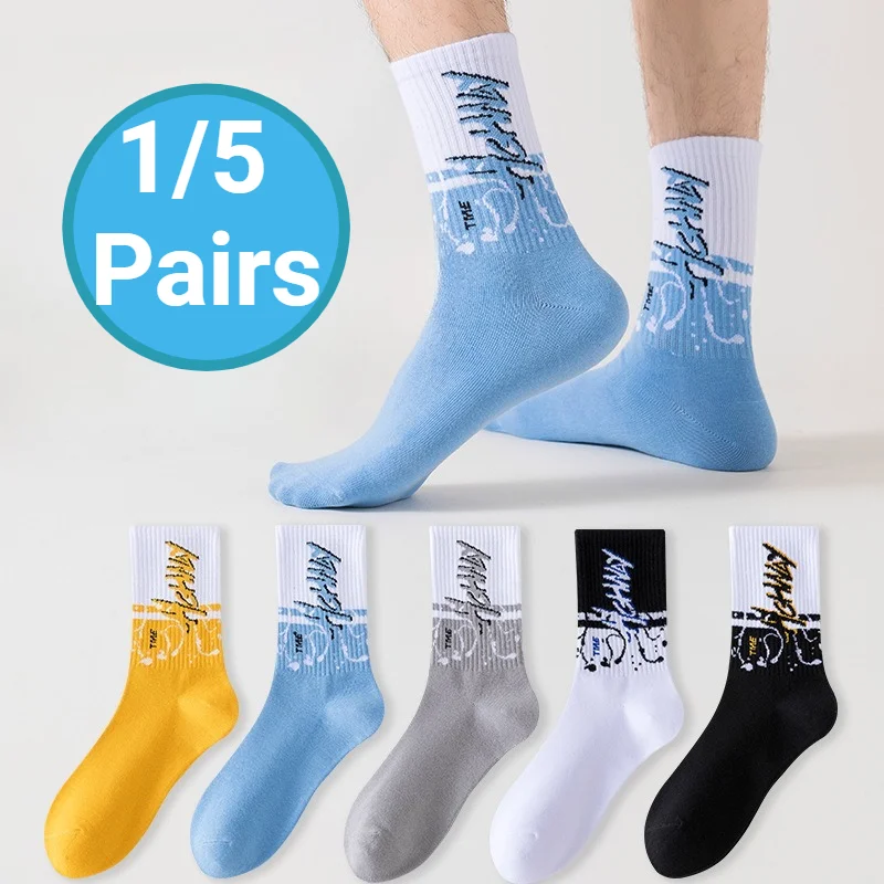 

1/5 Pairs Spring and Autumn Fashion New Style Trendy Letter Men's Middle Socks Casual Comfortable Versatile Men's Socks 2025