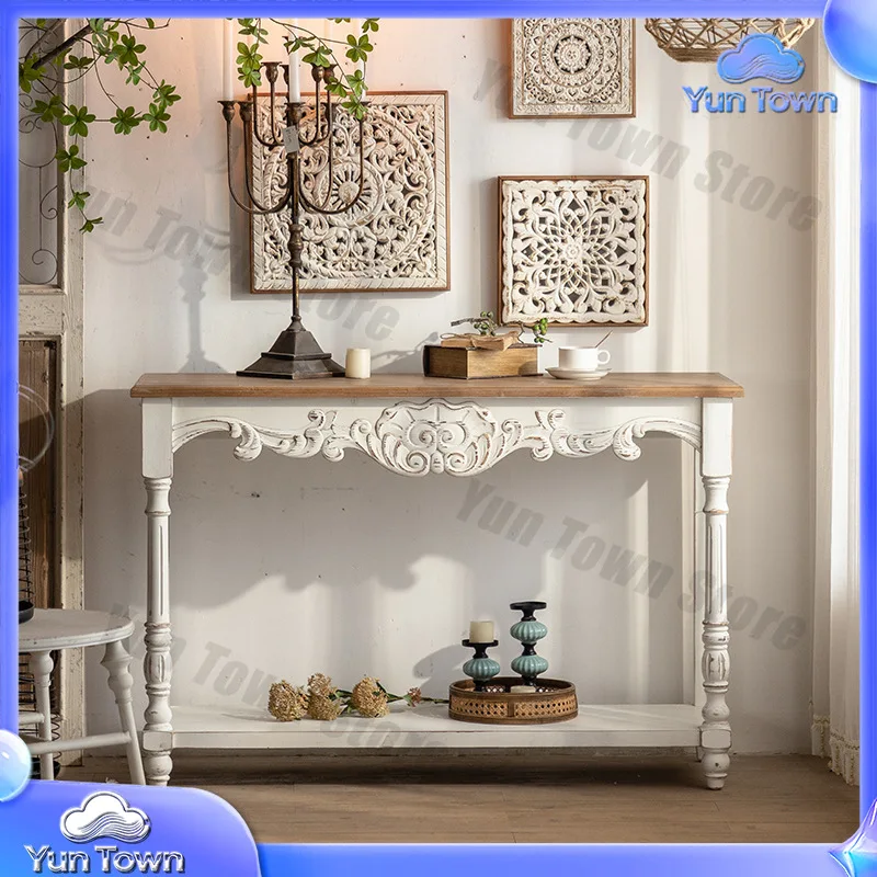 French Style Entryway Table for Living Room Vintage Distressed Solid Wood Hall Table Narrow Wall Mounted Decorative Console