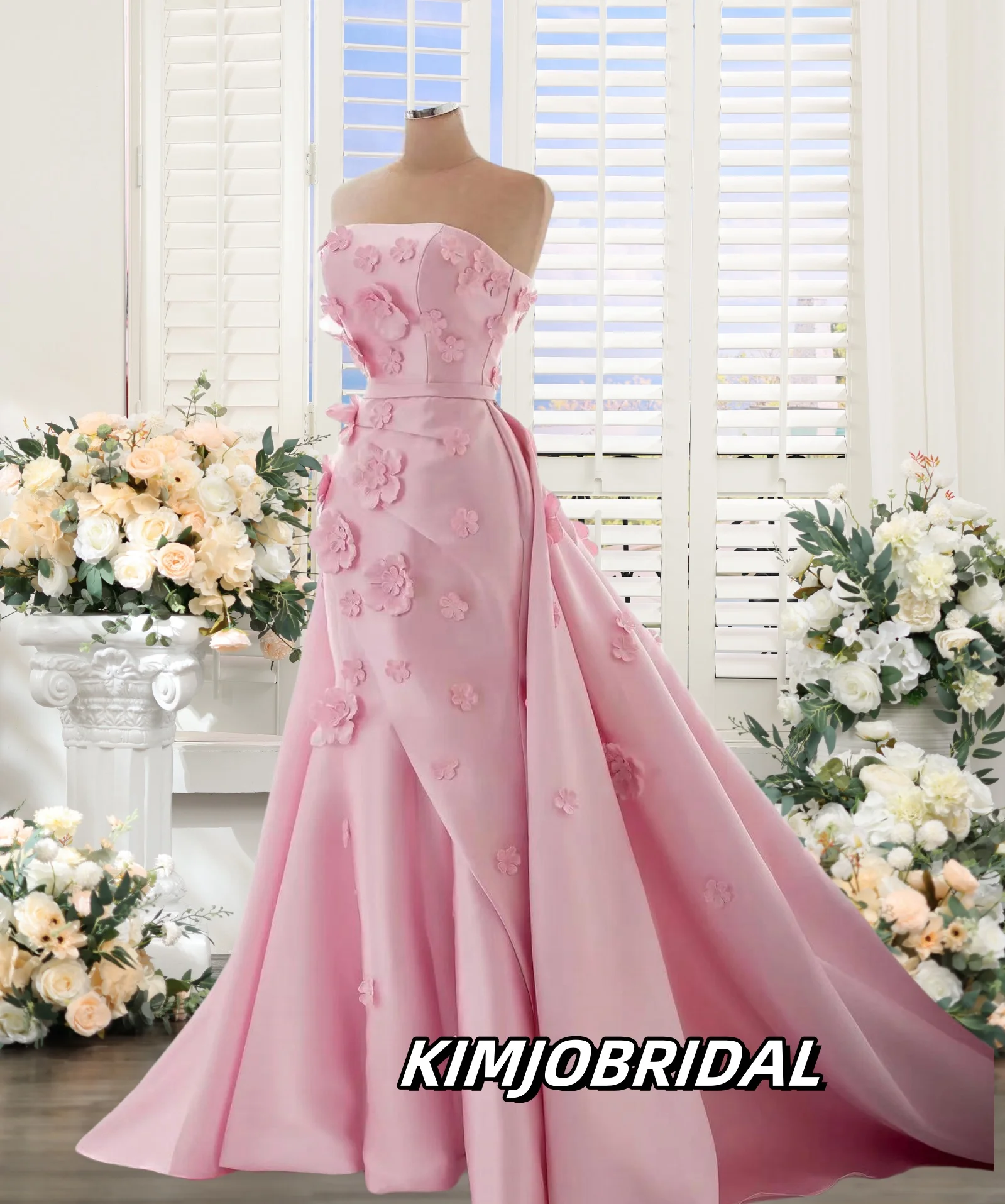 Customized Pink Mermaid Satin Prom Dresses Long for Saudi Arabia Women 2025 Strapless Neck Hand Made 3D Flowers Evening Gowns