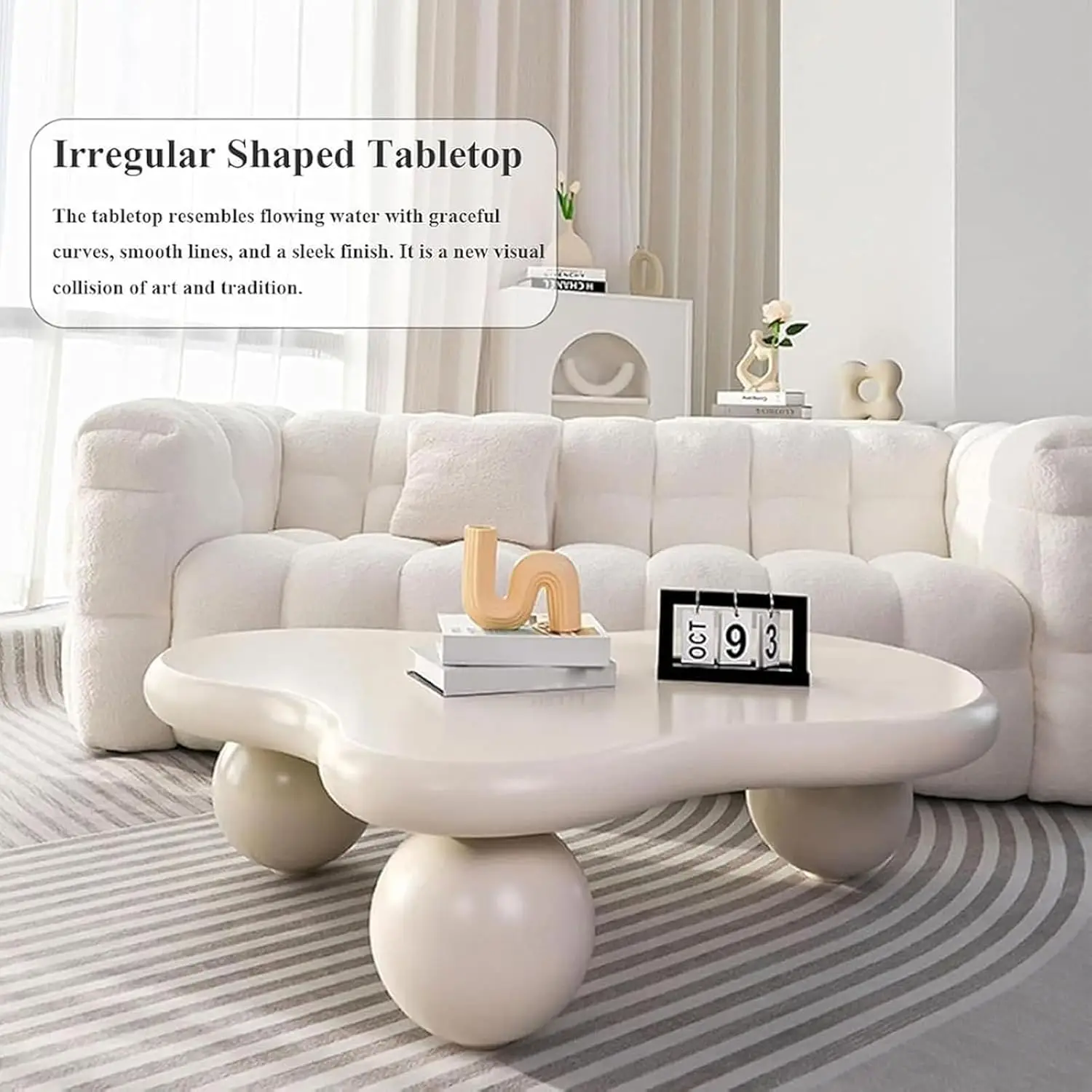 Cream White Cloud Irregular Coffee Table 3 Ball Base Modern Wooden Cute Living Room Center Table Furniture