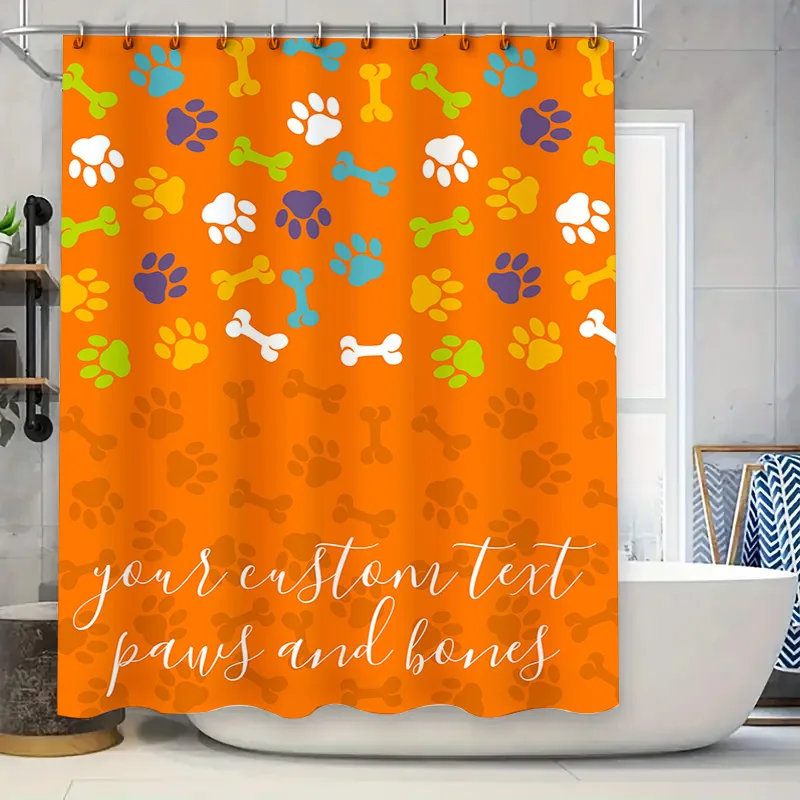 

Персонализированная занавеска для душа для домашних животных, принт лап и костей, индивидуальный текст, оранжевый цвет для домашнего декора в ванной комнате, идеальный подарок для Пе