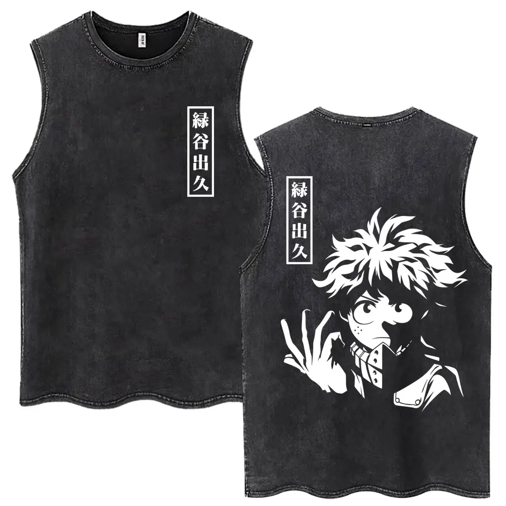 Washed Anime My Hero Academia Midoriya Izuku Tank Tops Men's Harajuku Manga Sleeveless T-shirt Casual Oversized Summer Y2k Vests