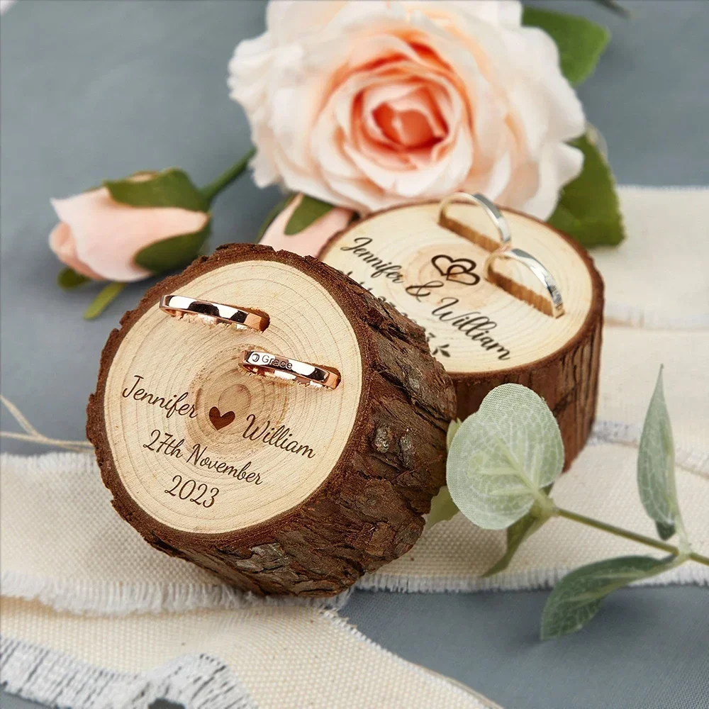 Ringbox aus Holz mit doppeltem Schlitz für Hochzeitszeremonie, Verlobung, Jahrestag, Geschenk, gravierter Ringträger, Halterbox, kostenlos