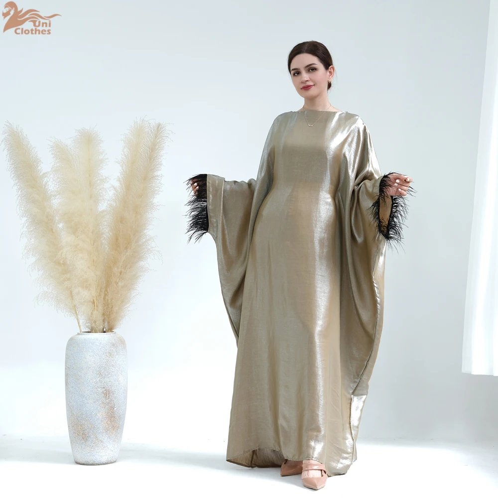 Uni Dubai Luxury Abaya For Moroccan Lebsa Women Party Saudi Turkish Clothing Fashion Solid Feathers Batwing Sleeve Muslim Gown