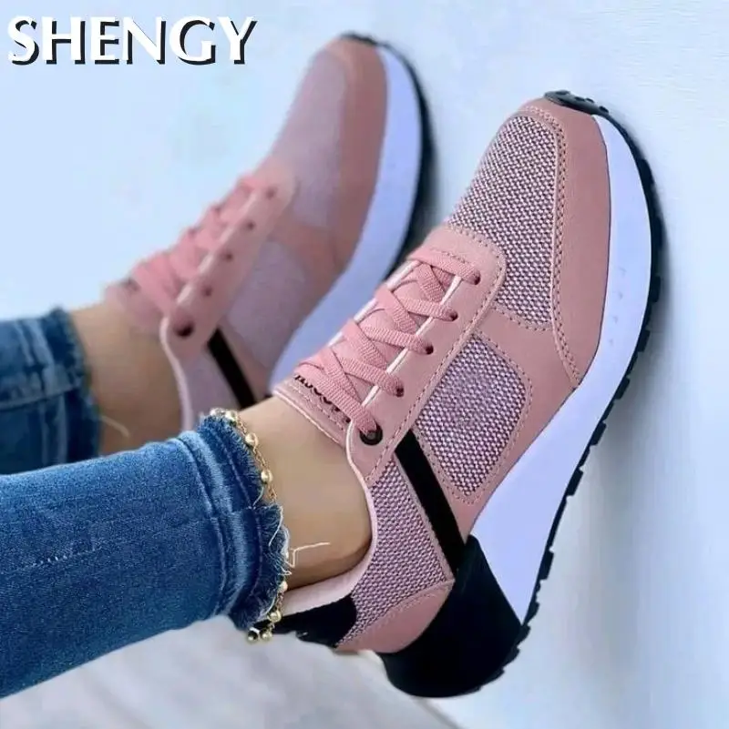 2023 New Women Sneakers Mesh Breathable Wedges Sports Shoes Fashion Mixed Colors Lace-Up Casual Lady Vulcanized Shoes Zapatillas