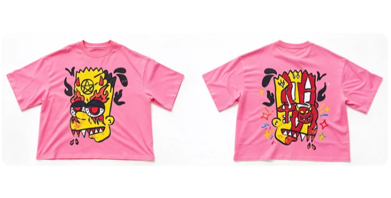 Front and back printed cartoon characters' patterns. Short-sleeved top. Modern Y2K street style.Suitable for both men and women.