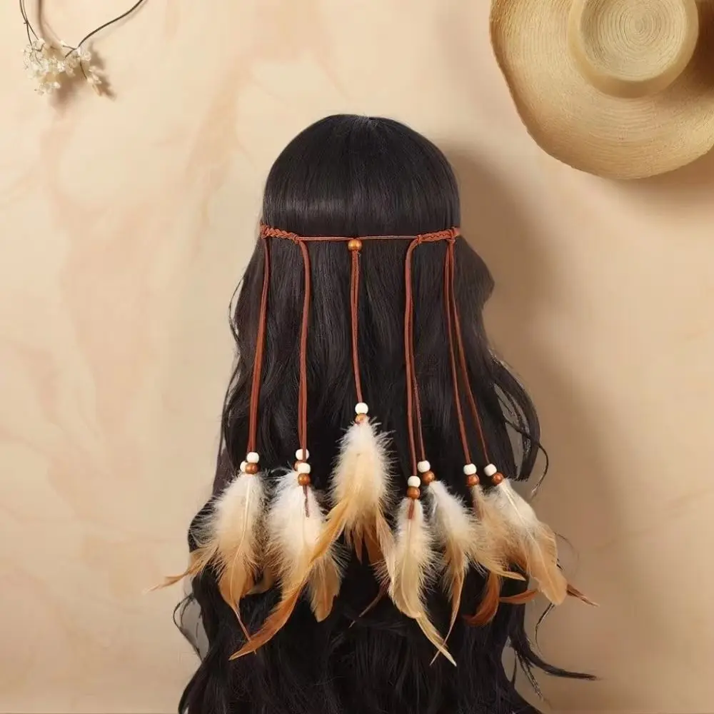 Cascading Tassels Bohemian Tassel Headband Braided Cord Hand-tied Plumage Long Feather Headpiece Intricate Beadwork