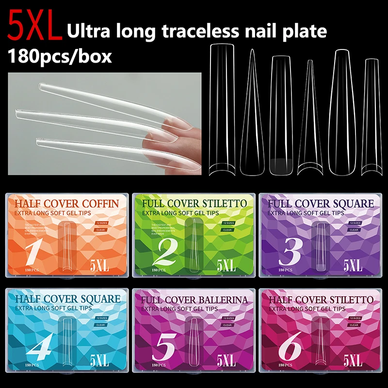 180Pcs/Box 5XL Ultra Long False Nail Tips Full Half Cover Acrylic Fake Nails Artificial Extension Soft Tips Manicure Accessories