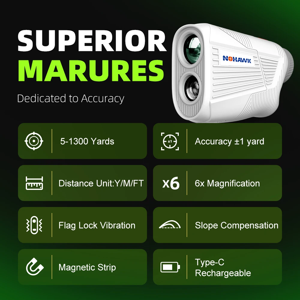 Nohawk MINI Golf Laser Rangefinder 6X Magnification Flag Lock Vibration Magnetic Type C Rechargeable for Golf Tournament Legal