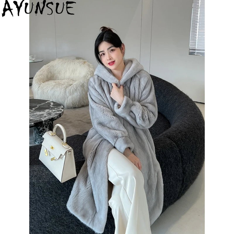 AYUNSUE 고품질 밍크 퍼 코트 여성 신상품 롱 겨울 코트 여성 우아한 아우터웨어 여성 의류