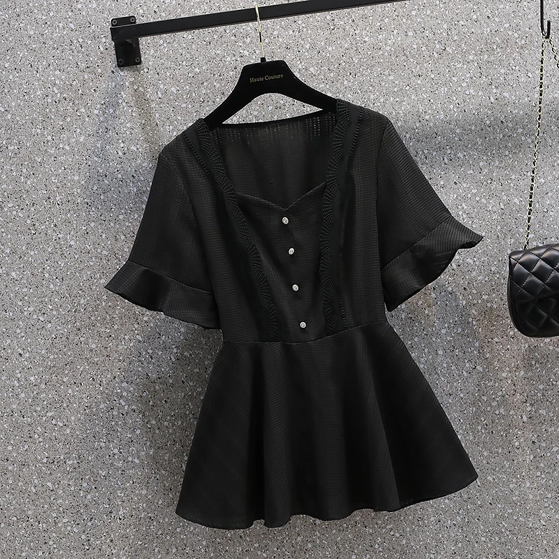 2023 summer new French square neck chiffon shirt Women's breathable stud button short sleeve top