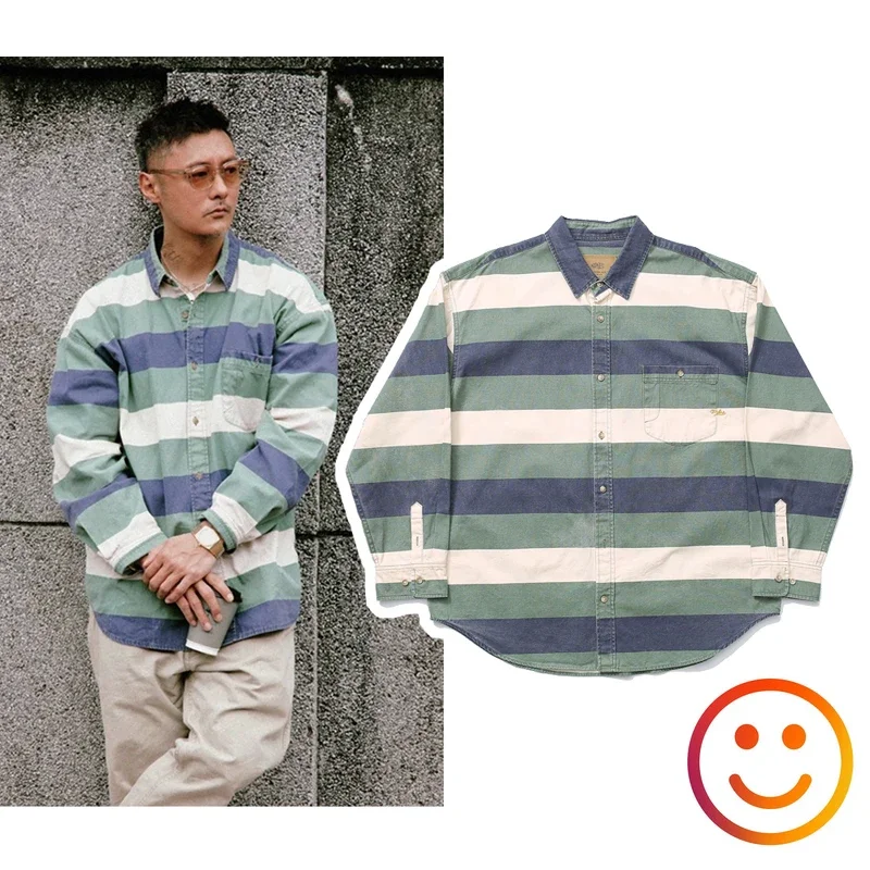 Big Stripe MADNESS Long Sleeve Shirts Splice Denim Neck Men Wmen Best Quality Color Match Pockets V-shape MDNS Shirts Japan