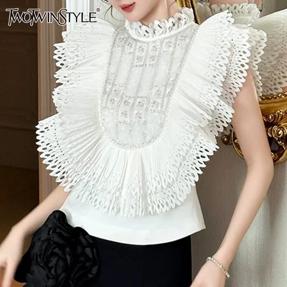 

TWOTWINSTYLE Solid Spliced Sequines Slimming Blouses for Women O Eck Sleeve Temperament Minimalist Shirt Female New