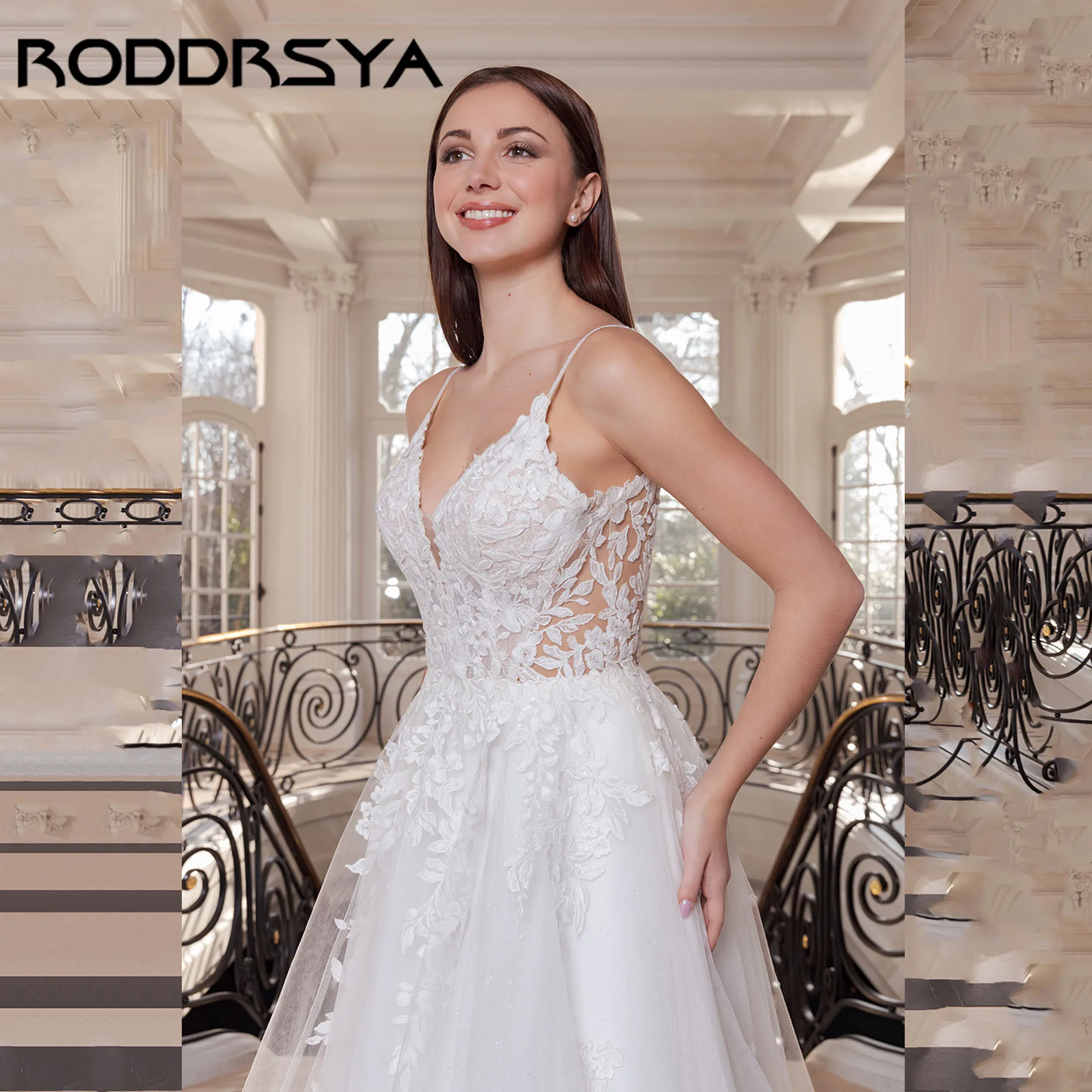 

RODDRSYA V-neck Elegant Bridal Dress Spaghetti Straps A-line Tulle Wedding Gown Backless Appliques vestidos de novia Customized