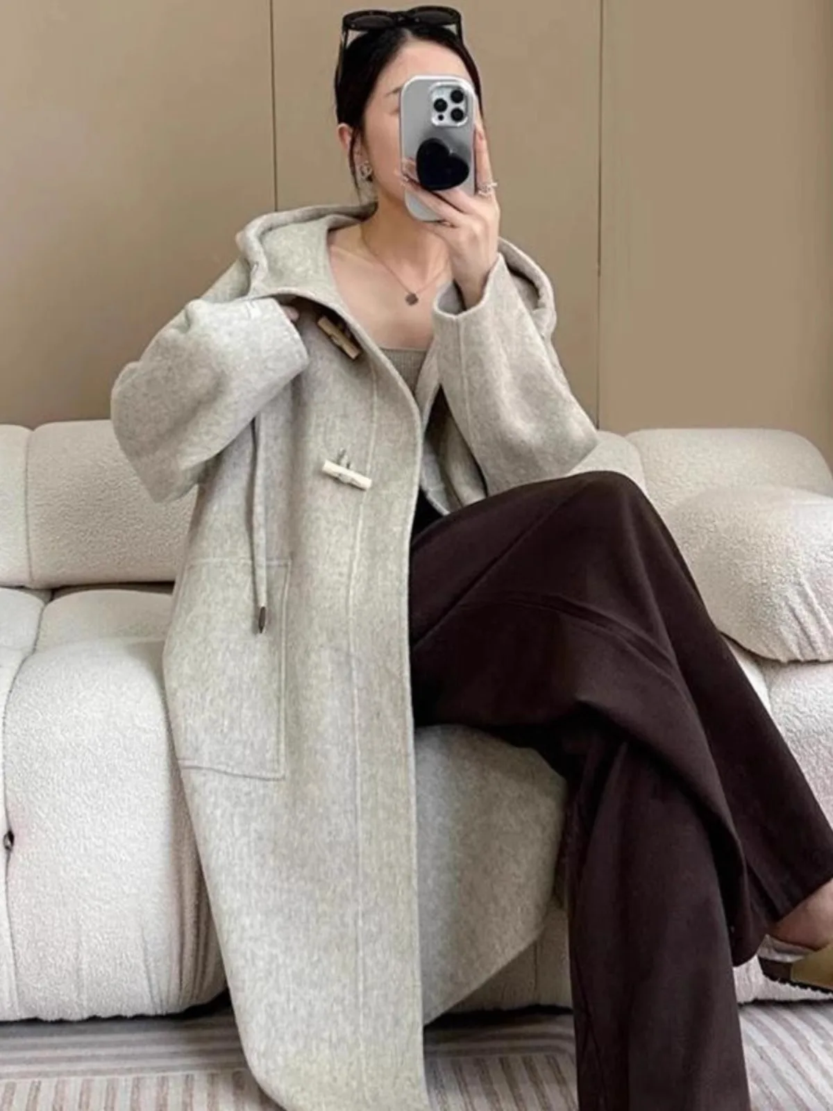 양면 카메라 오버니 코트 여성용 중간 길이 울 코트 한국 스타일 혼 버튼 후드 자켓 가을 겨울 신상...