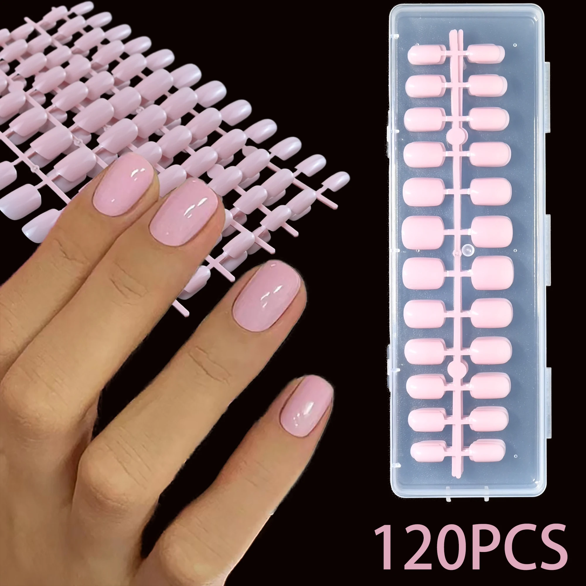 120 Stück mittellange, rosafarbene, quadratische, selbstklebende French-Nägel, glänzende Oberfläche, abnehmbares Design, ermöglichen eine einfache Veränderung Ihres Nageldesigns, ideal für