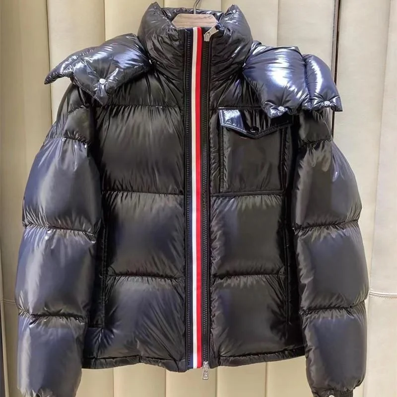 Warme Montbeliard-Daunenjacke mit farbigem Streifen-Webgürtel für Männer und Frauen, verdicktes Polyestergewebe, weiße Entendaunenfüllung