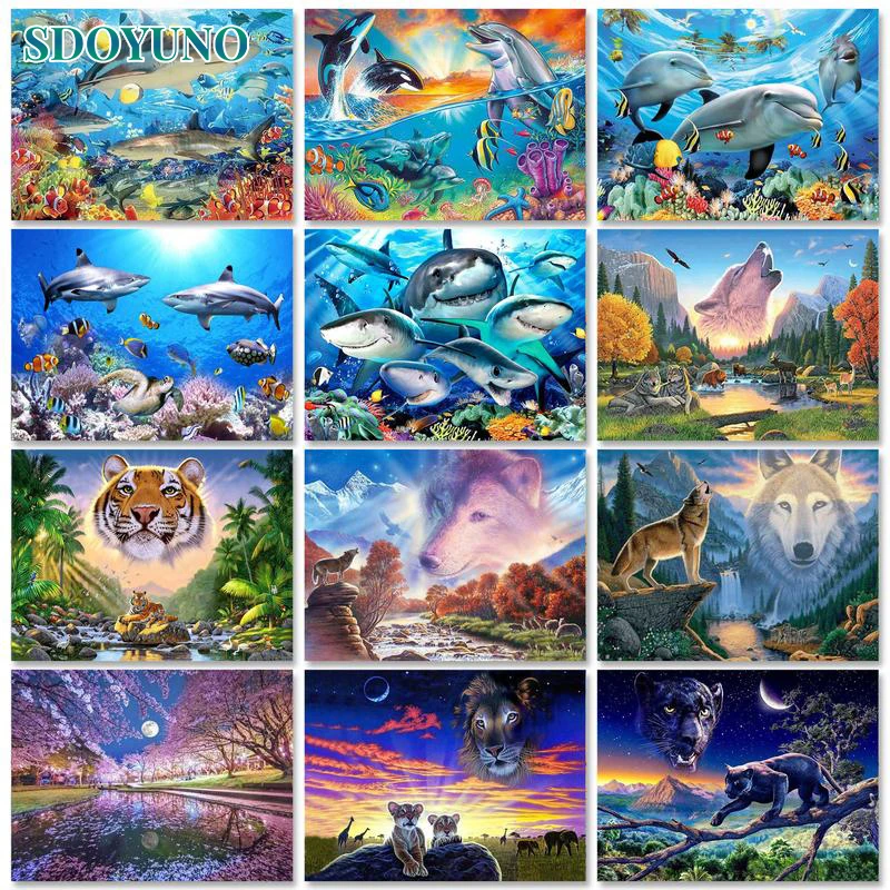 SDOYUNO Interior Painting by numbers Crafts Seascape Canvas painting Animals DIY Markers by numbers Artwork Home decor