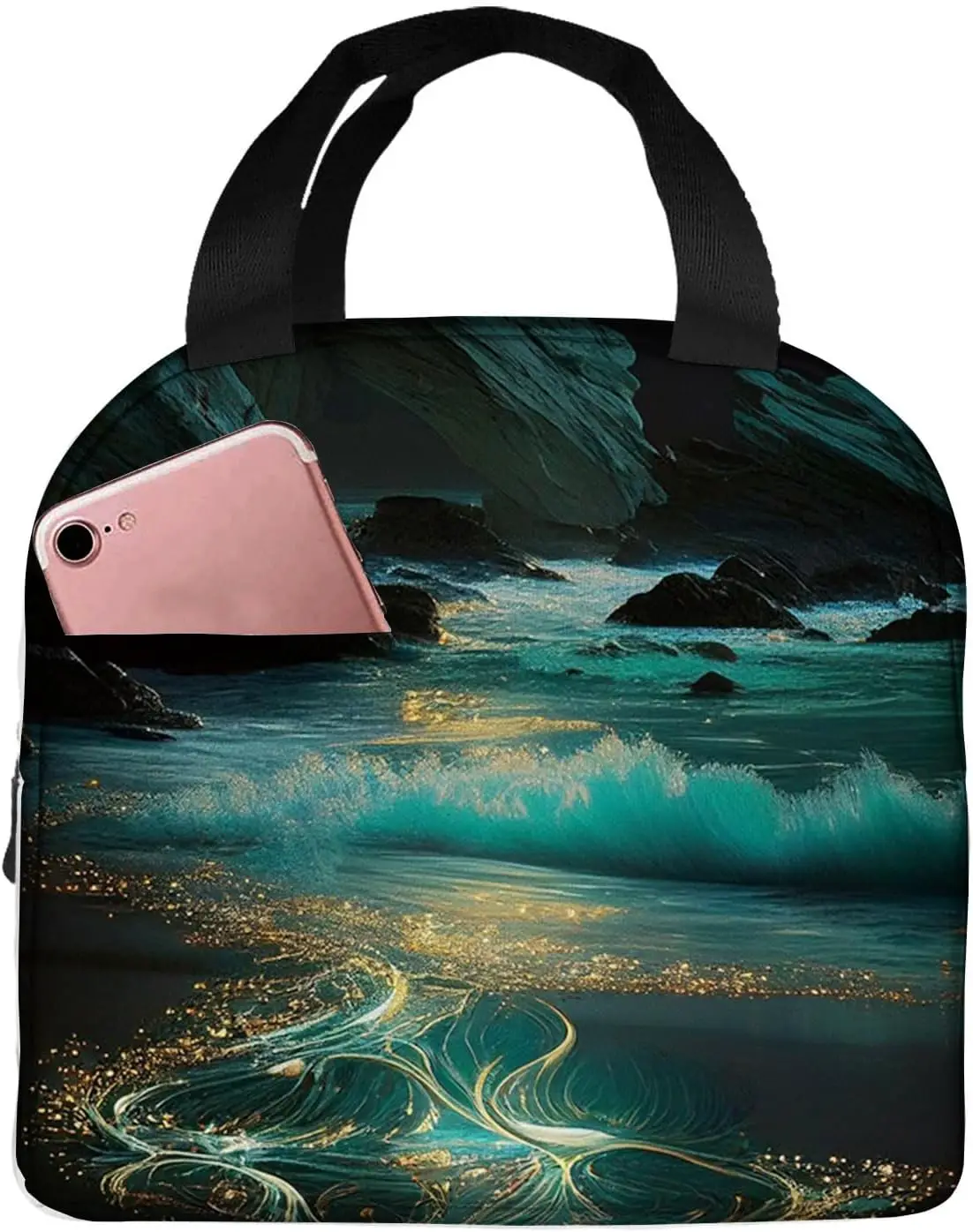 

Insulated Lunch Bag for Women Men,Beach on the ocean with shining lights，Reusable Leakproof Lunch Box for Adult Office Lunch