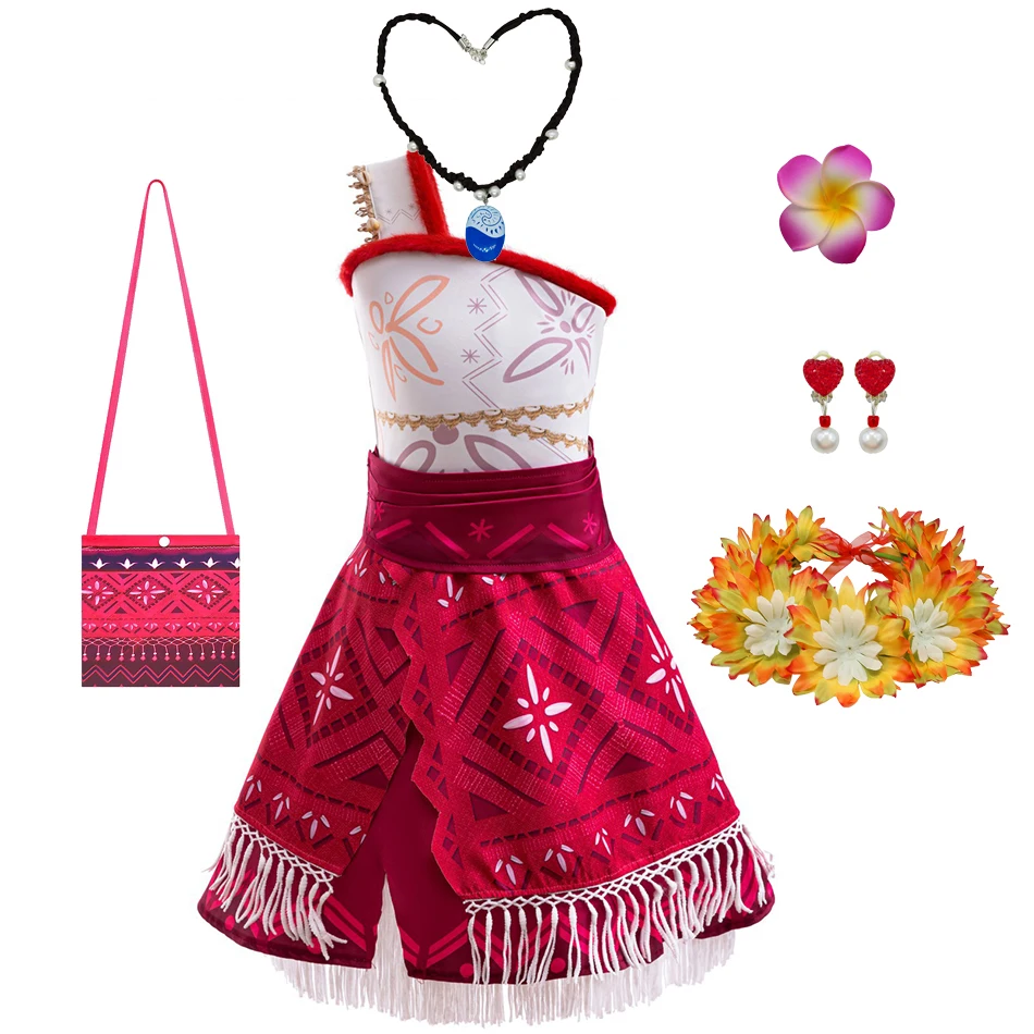 

Moana COS, новое платье для девочек, детская ткань для выступлений на сцене, юбка из двух предметов с бахромой и принтом для девочек, одежда Моаны, карнавальный наряд