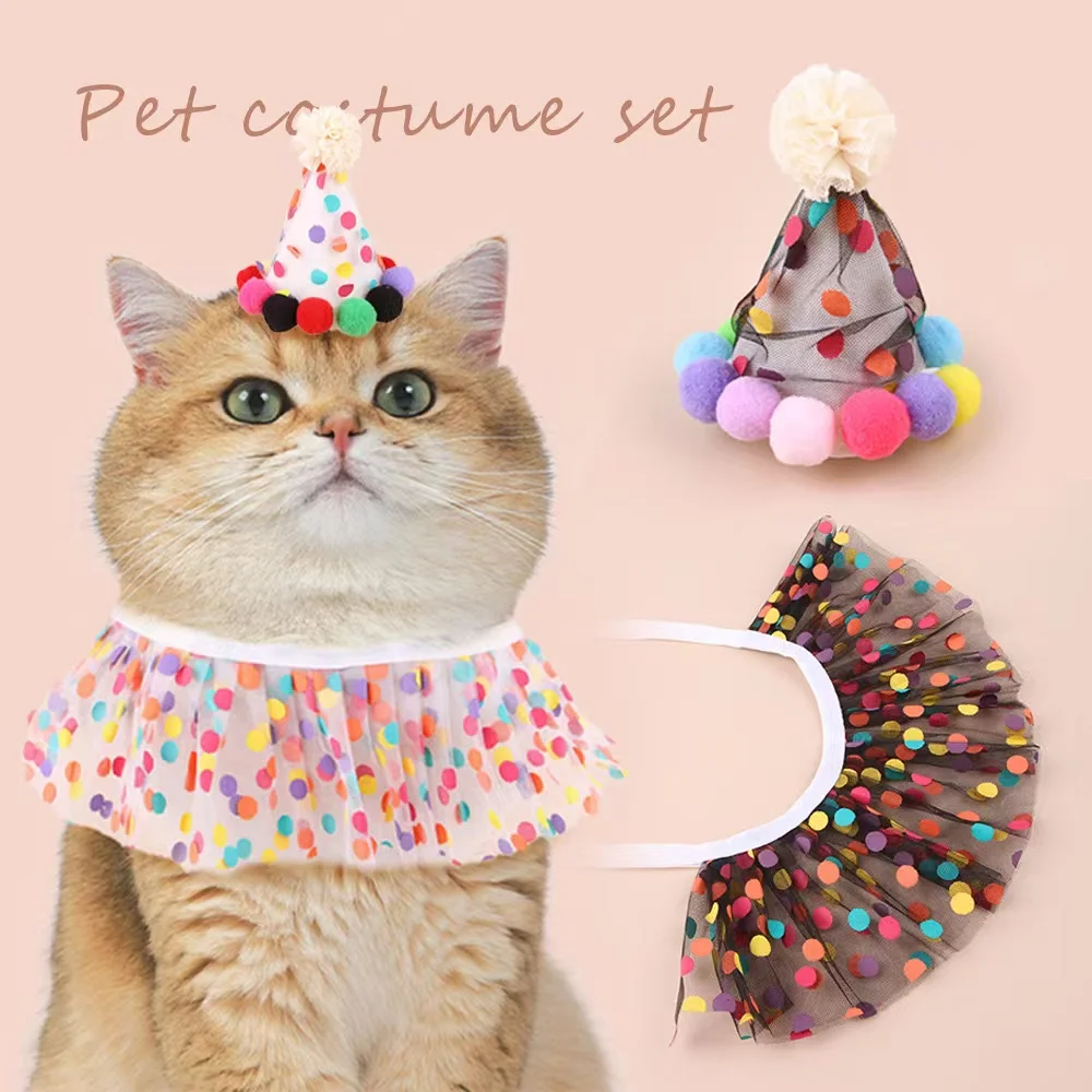 

Cat Birthday Dress up Party Polka Dot Pet Kitten Dog Birthday Hat Bib Pet Decoration Lace Bib Pet Accessory