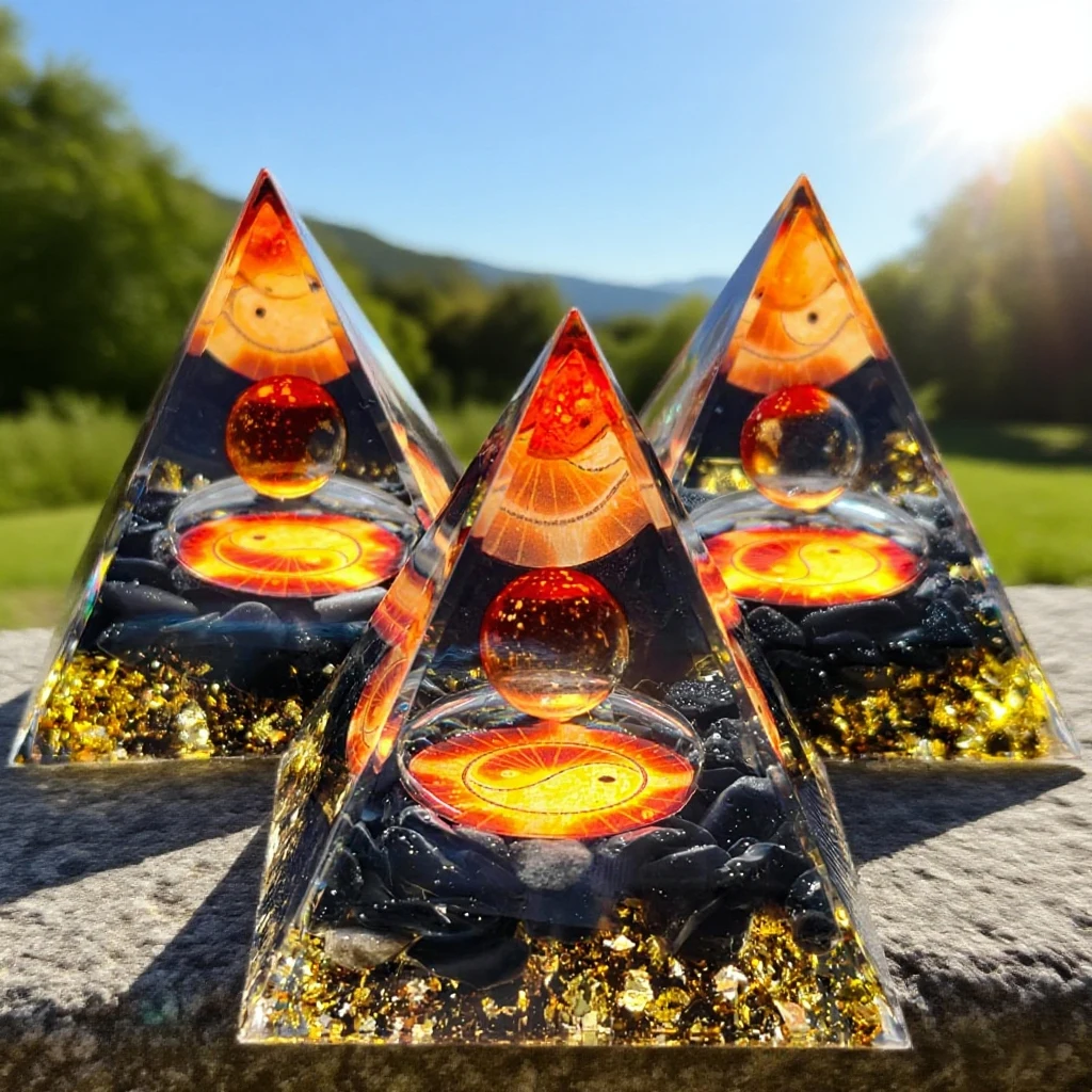 1pc Natural Black Obsidian Red Yellow Tai Chi Orgone Pyramid Decorative Ornament Energy Healing Crystal Home Decor