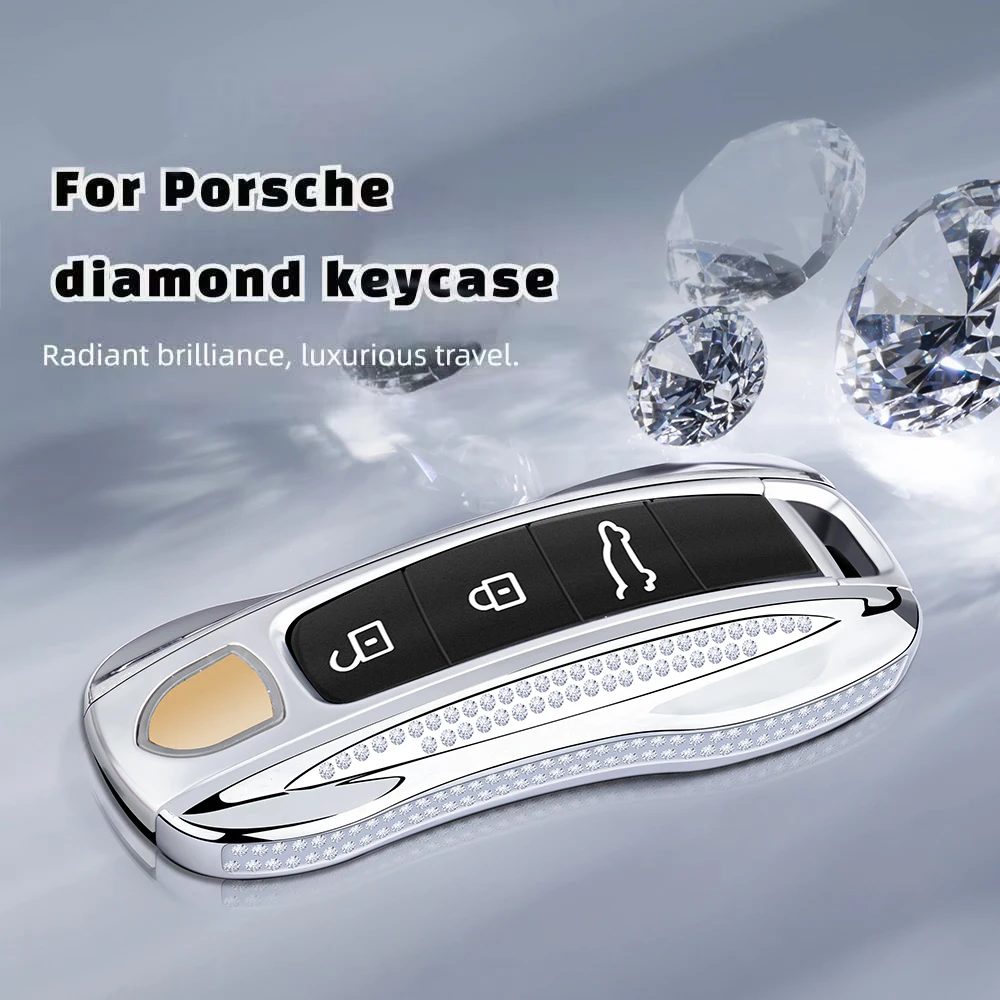 

Diamond Metal Material Key Case For Porsche Cayenne Panamera Macan Cayman 718 911 Taycan Gloss Chrome Key Shell Car Key Case