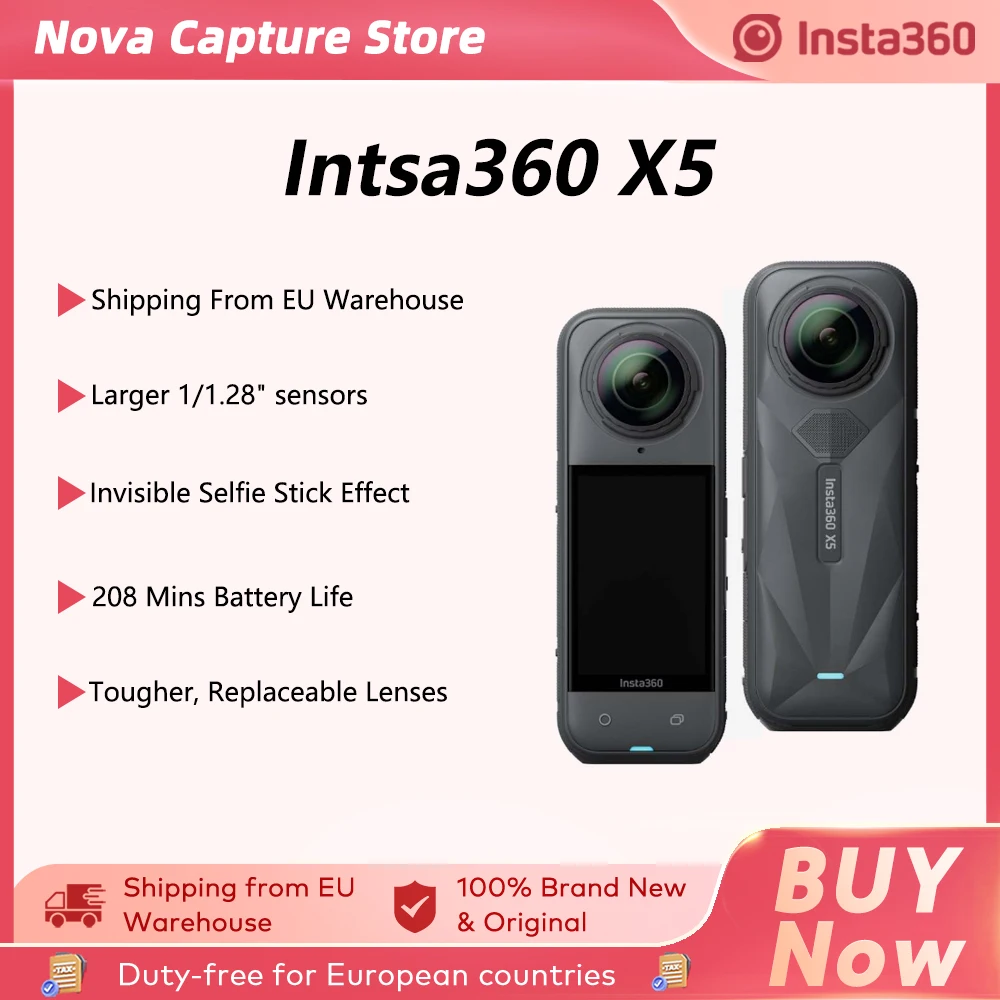 Caméra d'action Insta360 X5 2025 Nouvelle 8K 30fps Lentilles remplaçables Puce IA Performances supérieures en basse lumière Autonomie prolongée Insta X5