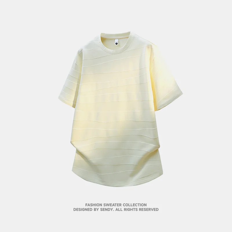 New Summer Men's Loose Trendy Brand Student Short-sleeved T-shirt Tops Quarter-sleeved Jacquard Round NeckT-shirt