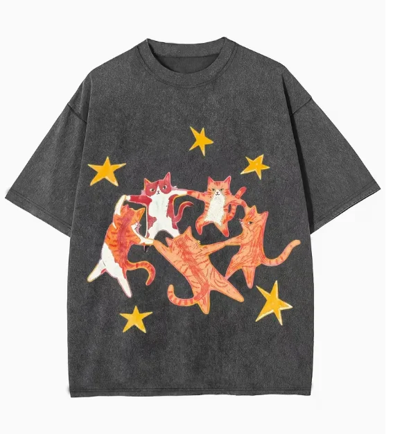 Y2K Style Summer Hip-hop T-shirt Dancing Cat Star Print Unisex Retro T-shirt Top Loose Summer Short Sleeved Shirts
