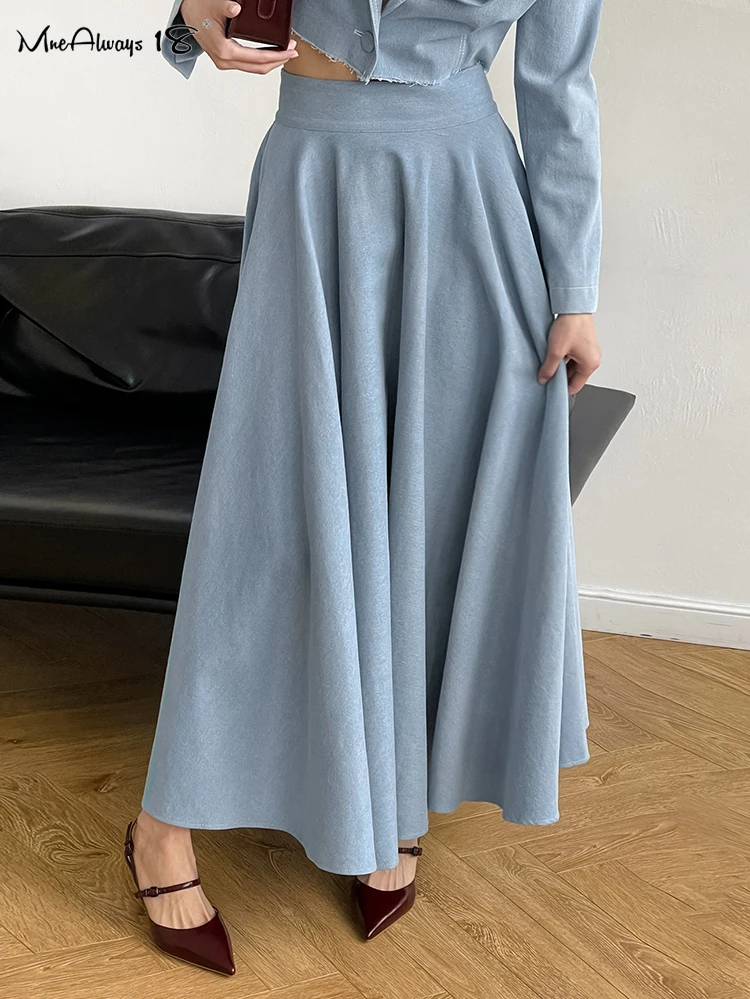 Mnealways18 Blue Cotton Linen Ankle-Length Skirts For Women Office Lady High Waist Casual Midi Skirts Elegant Prom Pleated Skirt