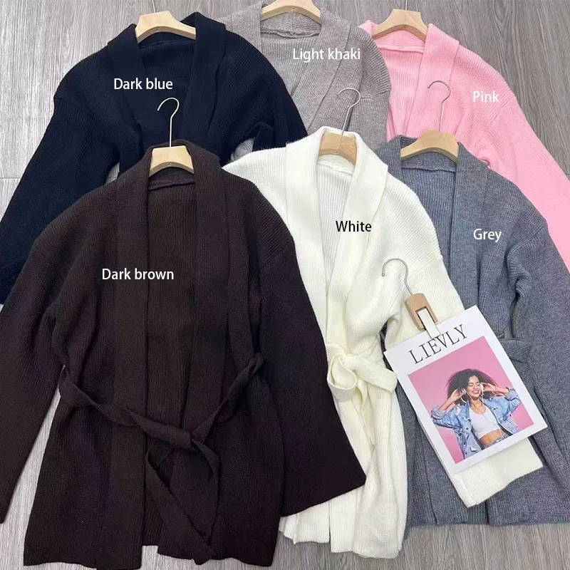 

Осенне-зимний модный однотонный вязаный кардиган, элегантный женский свободный свитер с длинными рукавами на шнуровке, пальто, простые джемперы с темпераментом