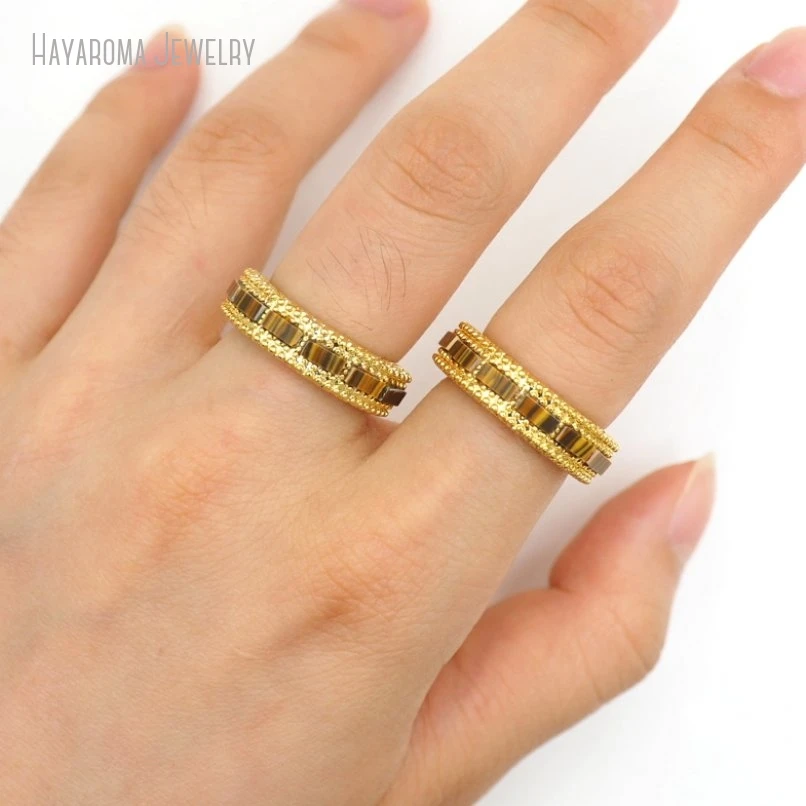 10Pcs Geometric Rectangle Metal Stone Tiger Eye Wholesale Gold Color Copper Ring RM50911