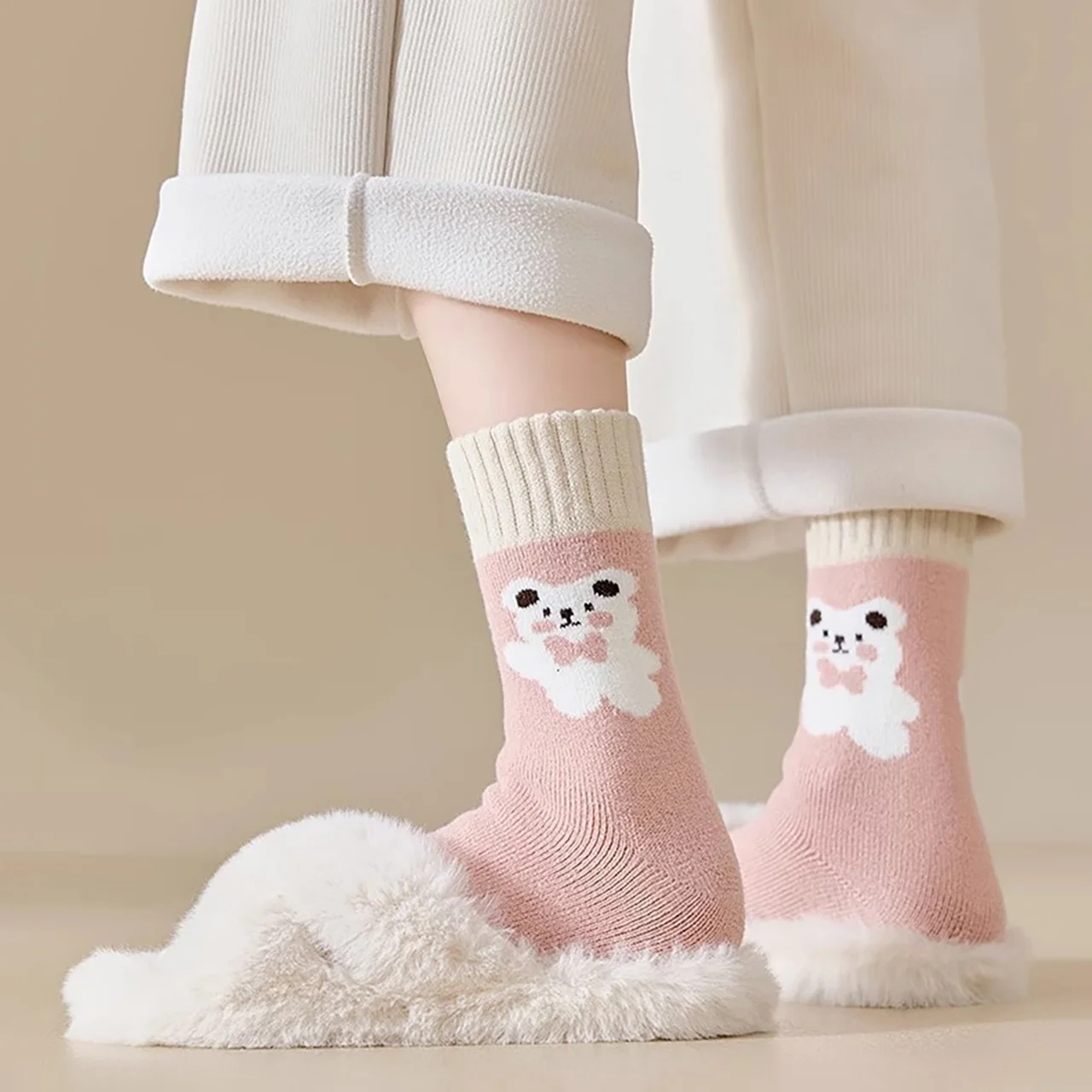 Winter Thicken Fleece-lined Plush Socks for Women Terry Long Sock Cold-resistant Warm Mid-calf Socks Pink Girl Thermal Footwear