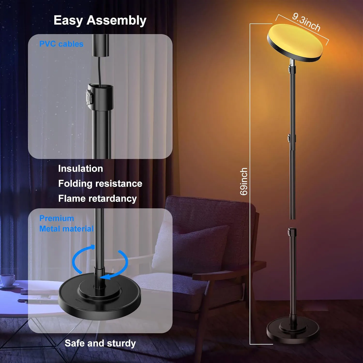 Imagem -03 - Lâmpada de Assoalho Rgb em Iluminação Lateral Dupla Led Inteligente Luz de pé Alta Funciona com Alexa 2600lm Lâmpada de Chão de Canto Que Muda de Cor